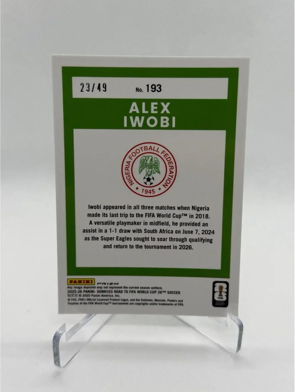 2025-26 Panini Donruss FIFA Optic Green Mojo Prizm /49 Alex Iwobi